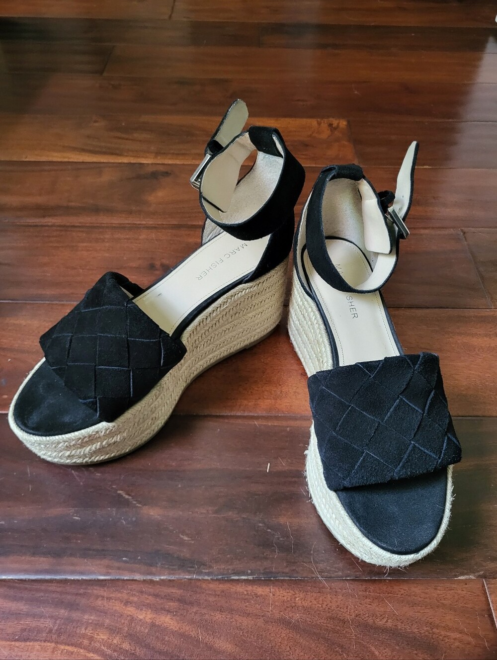 Marc Fisher Black Woven Suede Espadrille Wedge Sandals with Ankle Strap